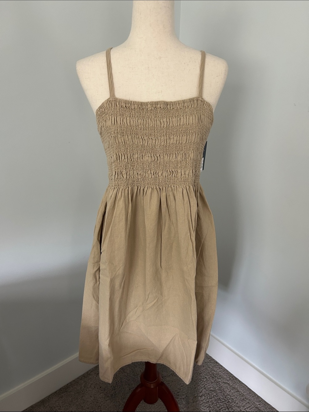 NWT Universal Thread Linen Blend Tan Smocked Spaghetti-Strap Mini Dress